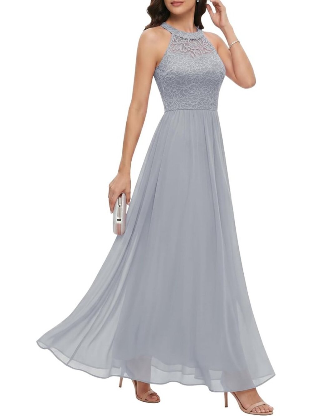 Grey Floral Lace Halter Long Formal Prom Bridesmaid Dress Sz XS-3X